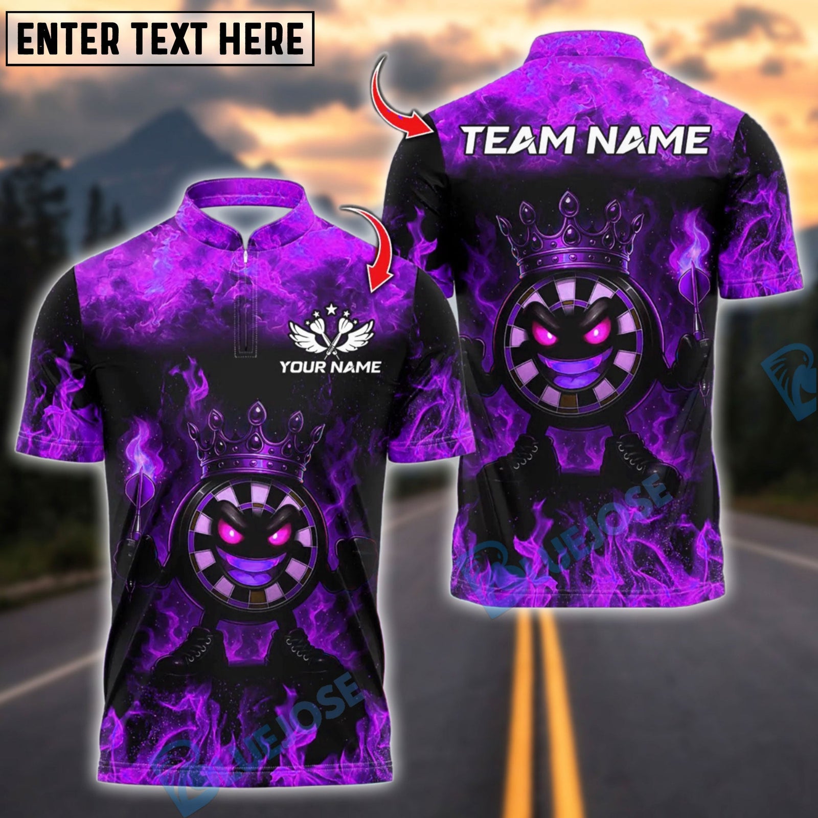 BlueJose Darts Funny Dartboard King Flame Crown Design Customized Name, Team Name 3D Shirt (4 Colors)