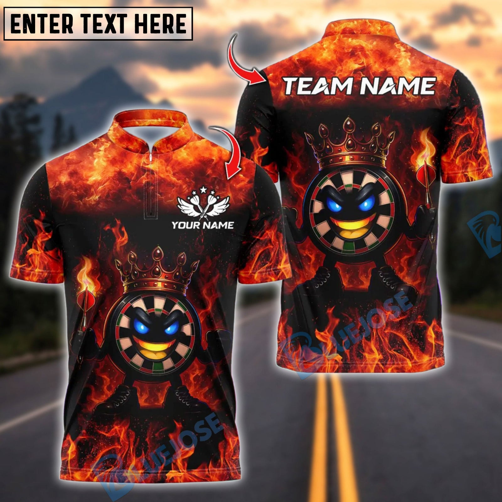 BlueJose Darts Funny Dartboard King Flame Crown Design Customized Name, Team Name 3D Shirt (4 Colors)