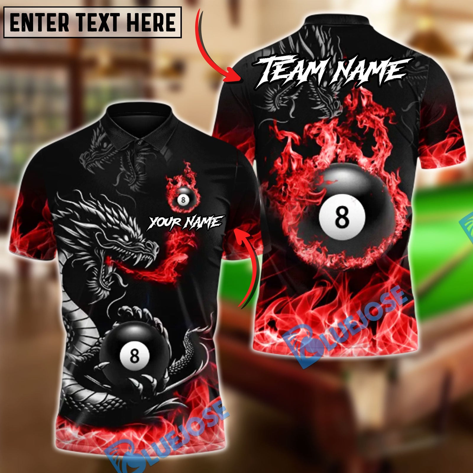 BlueJose Billiards 8 Ball Inferno Fire Dragon Personalized Name Shirt (4 Colors)