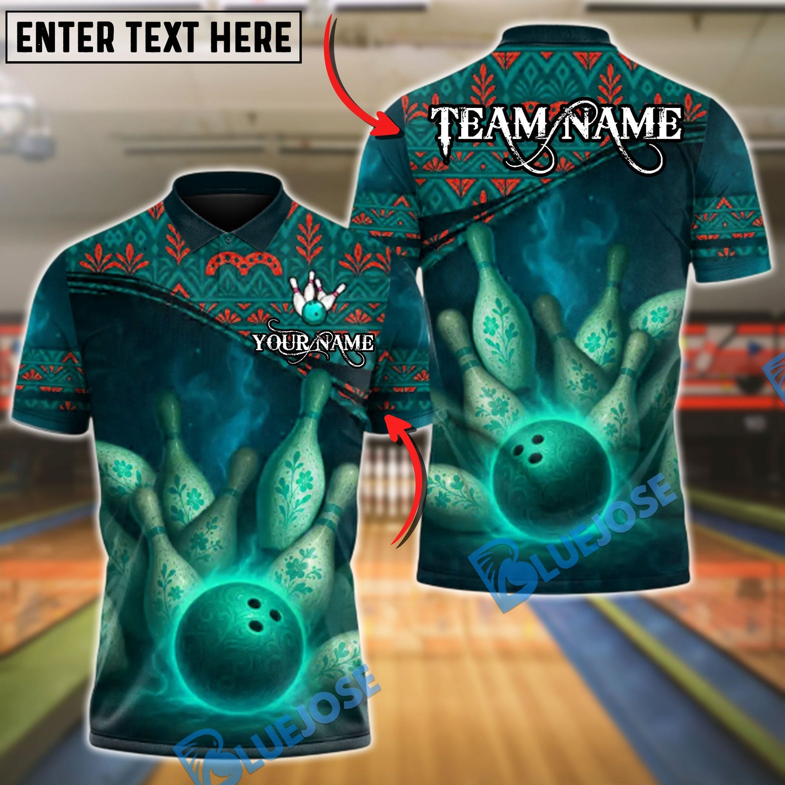 BlueJose Bowling And Pins Ethnic Pattern Customized Name, Team Name 3D Shirt (4 Colors)