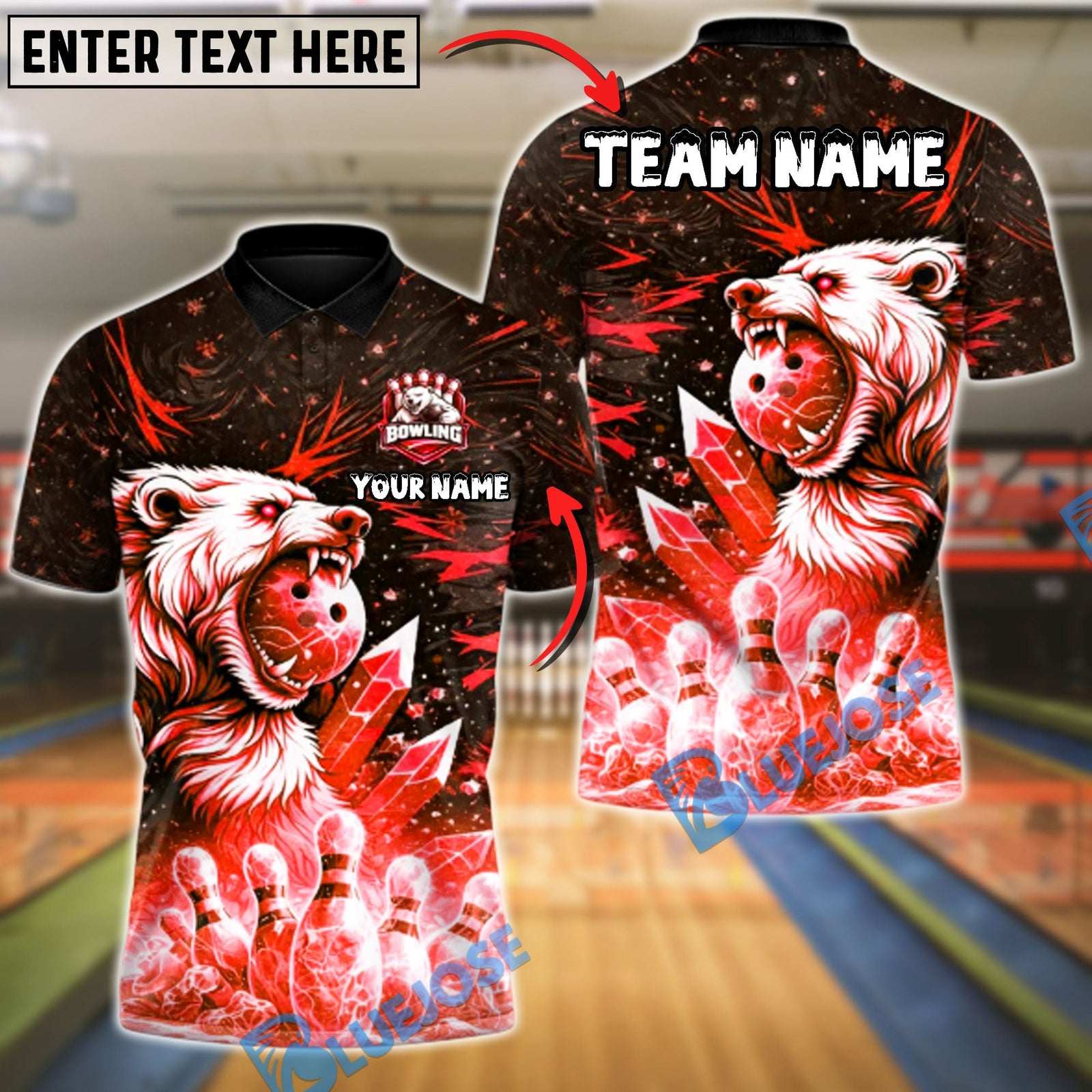 BlueJose Bowling And Pins Crystal Polar Bear Customized Name, Team Name 3D Shirt (4 Colors)