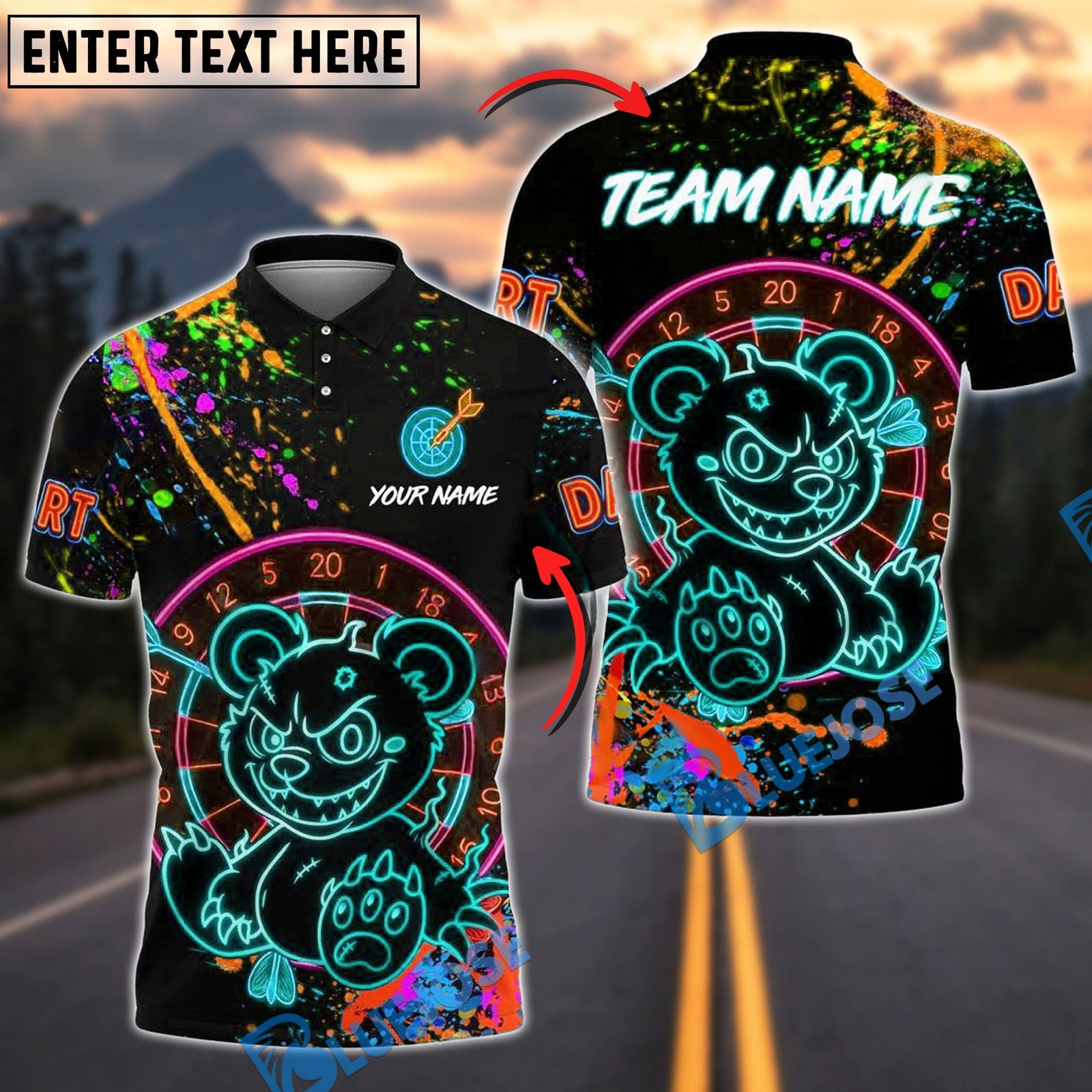 BlueJose Darts Neon Bear Glow Art Personalized Name, Team Name Shirt (4 Colors)
