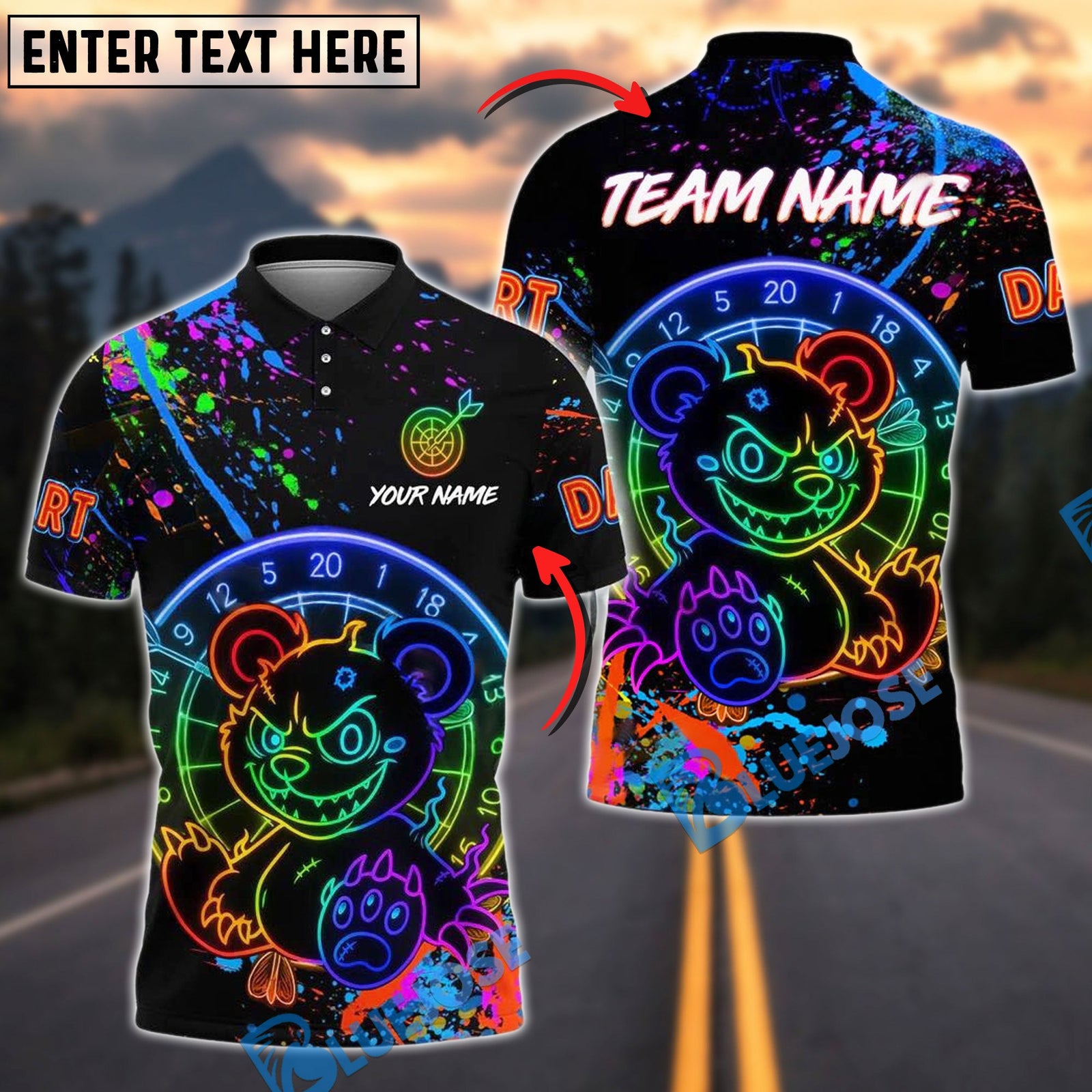 BlueJose Darts Neon Bear Glow Art Personalized Name, Team Name Shirt (4 Colors)