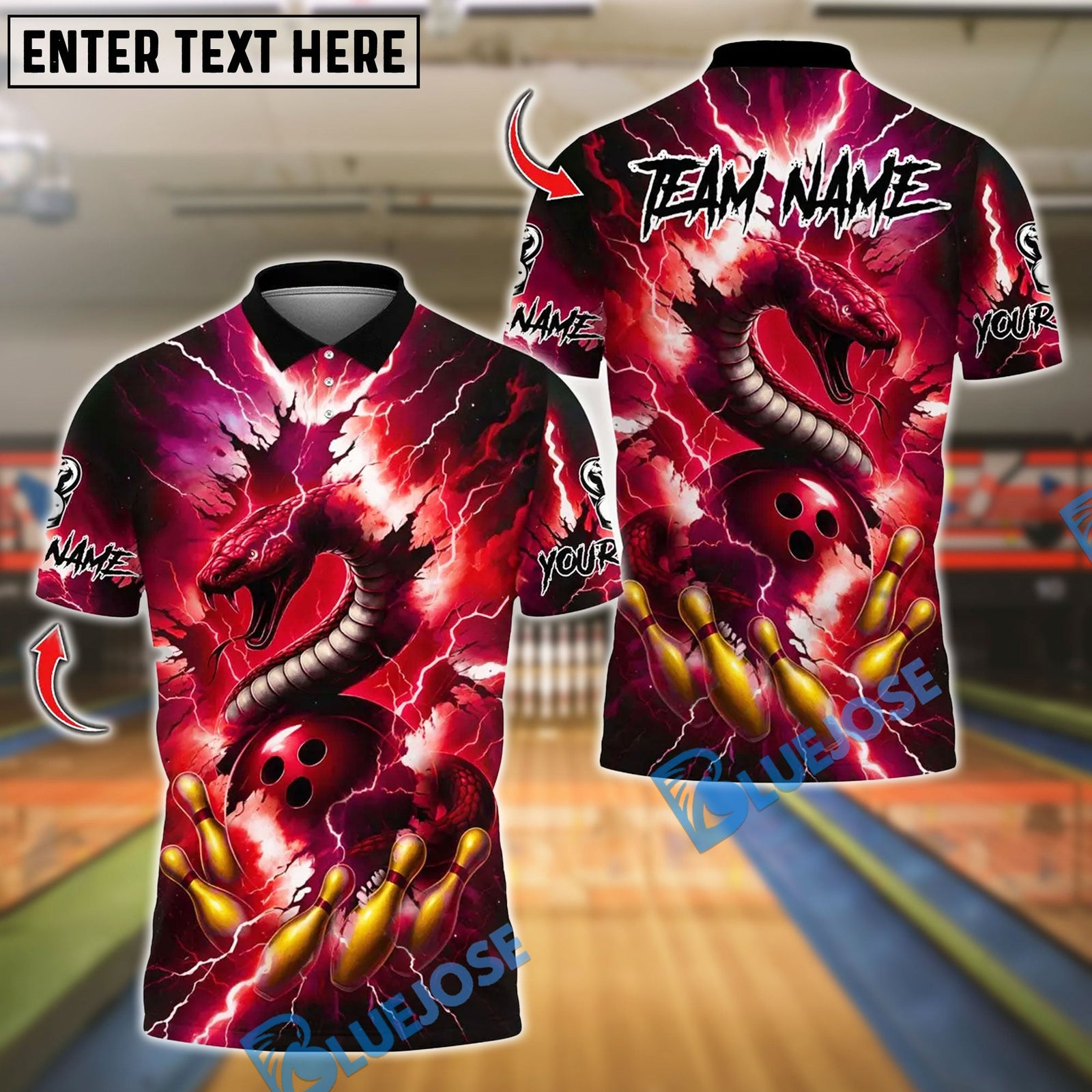 BlueJose Bowling And Pins Thunder Lightning Cobra Snake Customized Name, Team Name 3D Shirt (4 Colors)