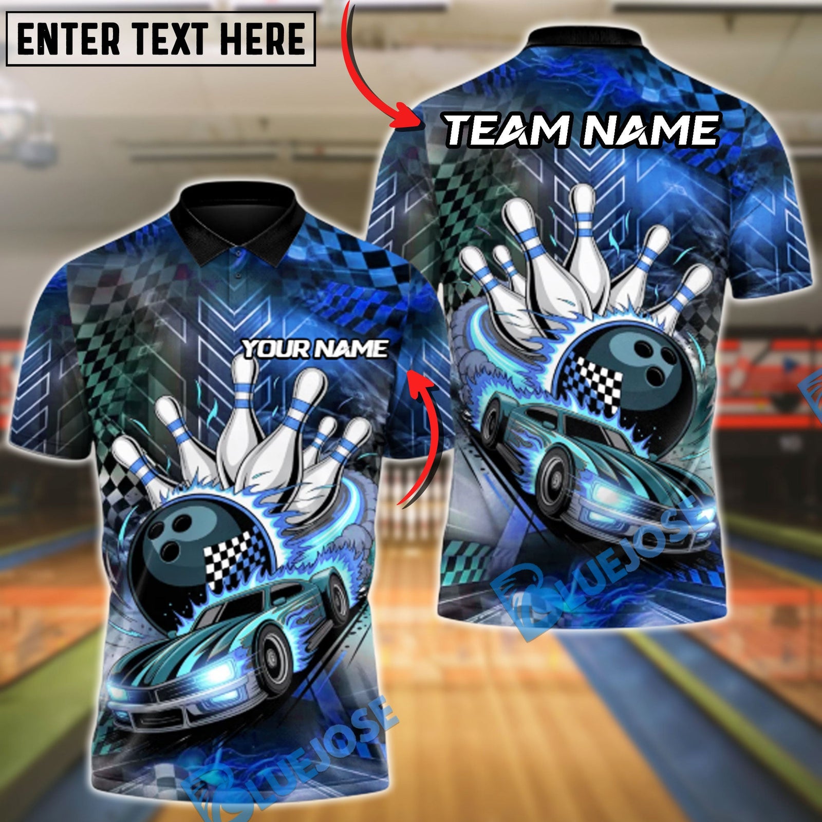 BlueJose Bowling & Pins Full Throttle Frame Customized Name, Team Name 3D Shirt (4 Colors)