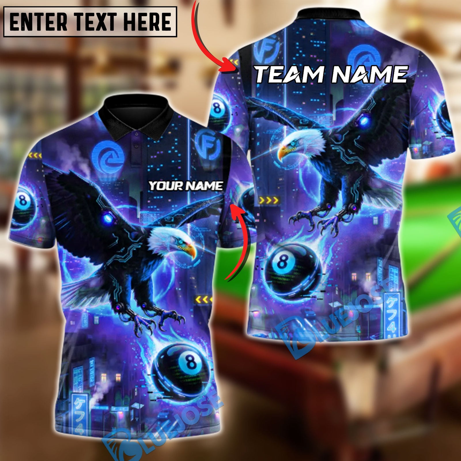 BlueJose Billiards Ball 8 Cyber Eagle Customized Name, Team Name 3D Shirt (4 Colors)