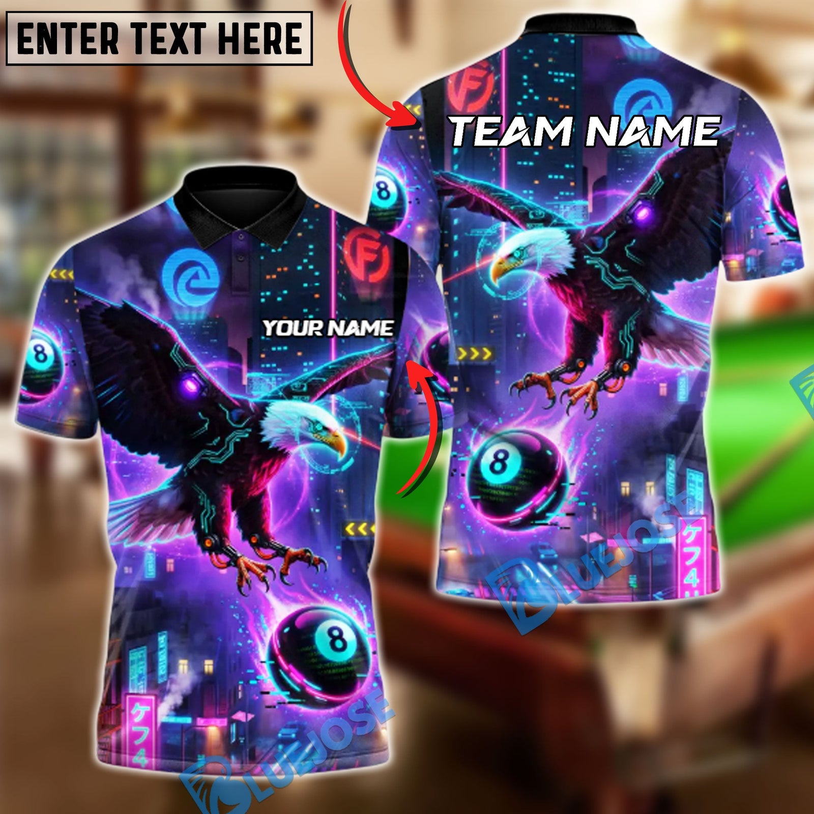 BlueJose Billiards Ball 8 Cyber Eagle Customized Name, Team Name 3D Shirt (4 Colors)
