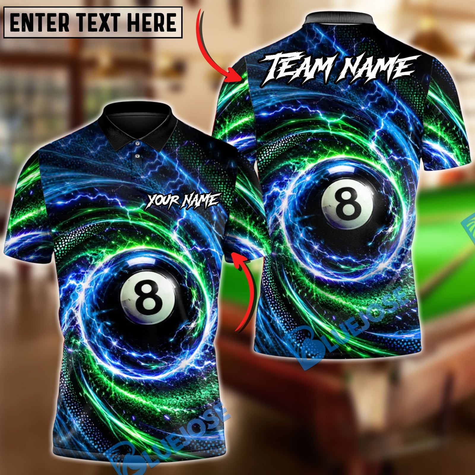 BlueJose Billiards 8 Ball Lightning Swirl Strike Personalized Name Shirt (4 Colors)