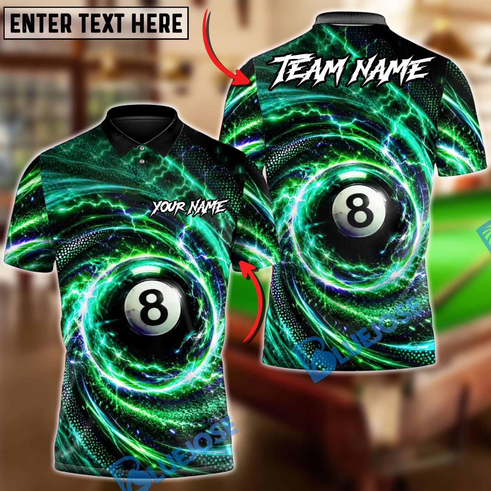 BlueJose Billiards 8 Ball Lightning Swirl Strike Personalized Name Shirt (4 Colors)