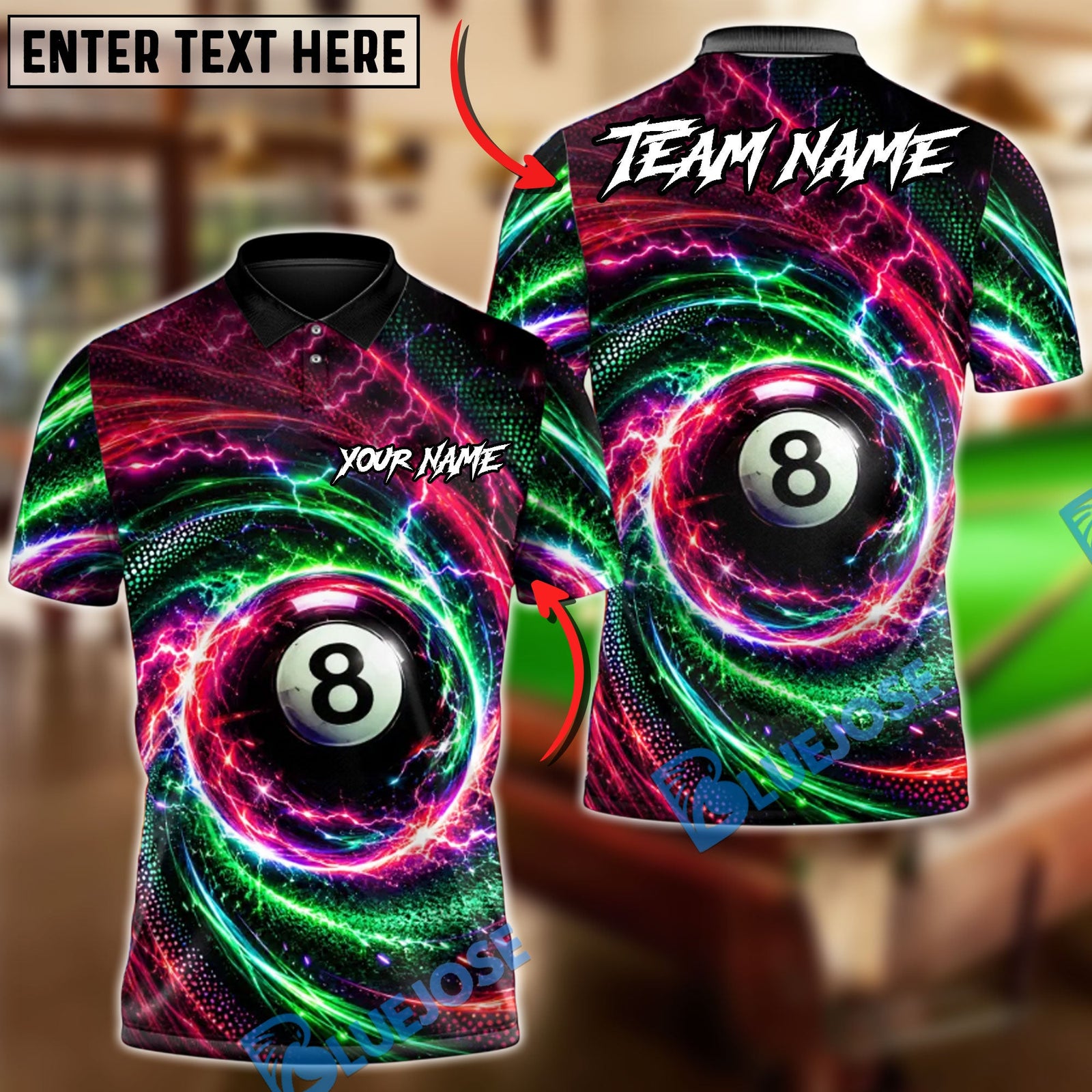 BlueJose Billiards 8 Ball Lightning Swirl Strike Personalized Name Shirt (4 Colors)