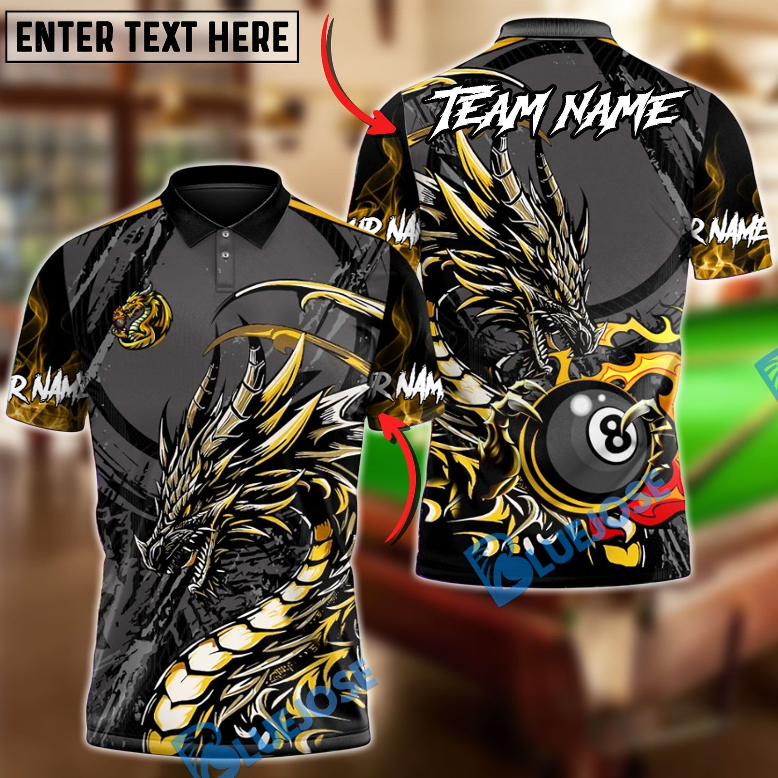 BlueJose Billiards 8 Ball Golden Dragon Fire Personalized Name Shirt (6 Colors)