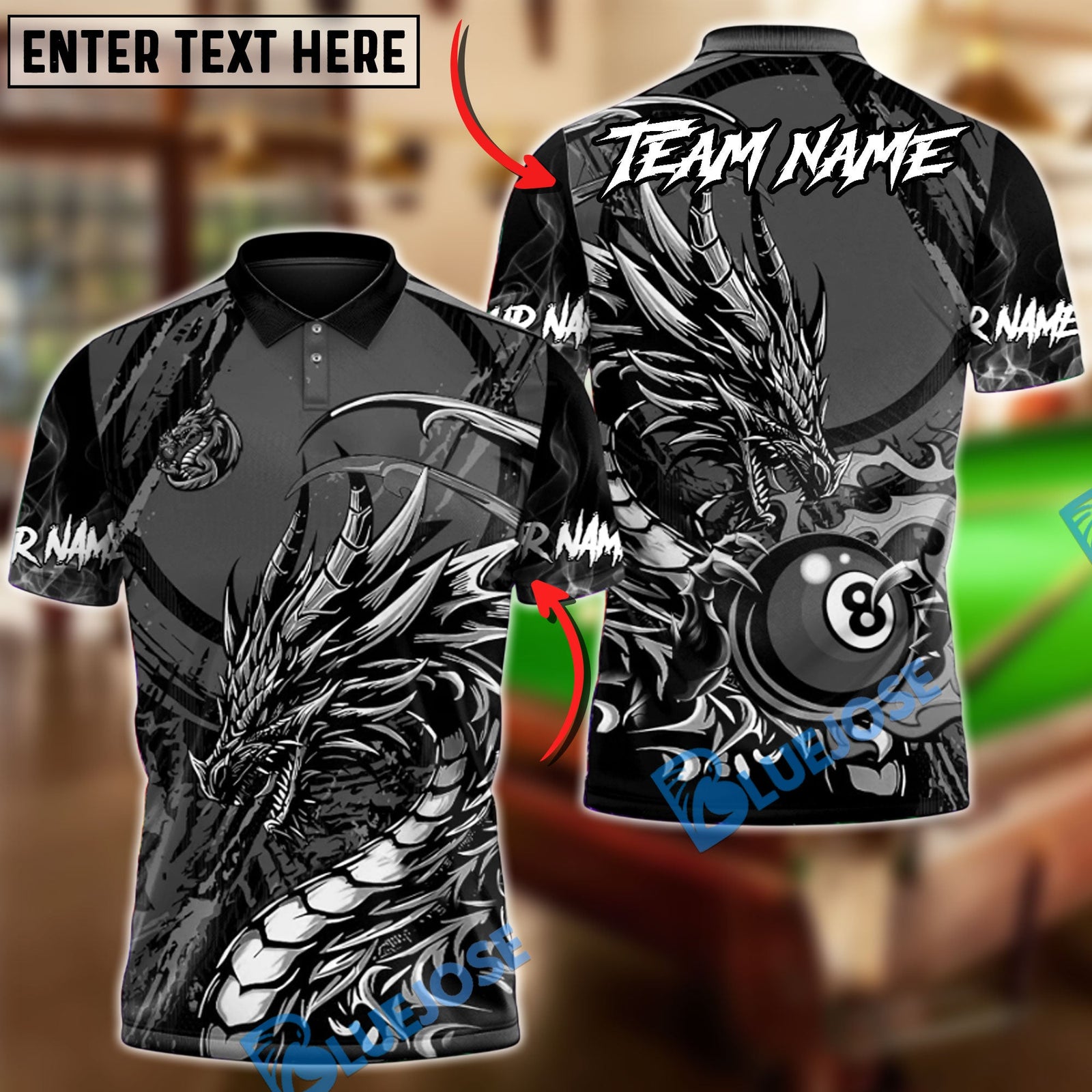 BlueJose Billiards 8 Ball Golden Dragon Fire Personalized Name Shirt (6 Colors)
