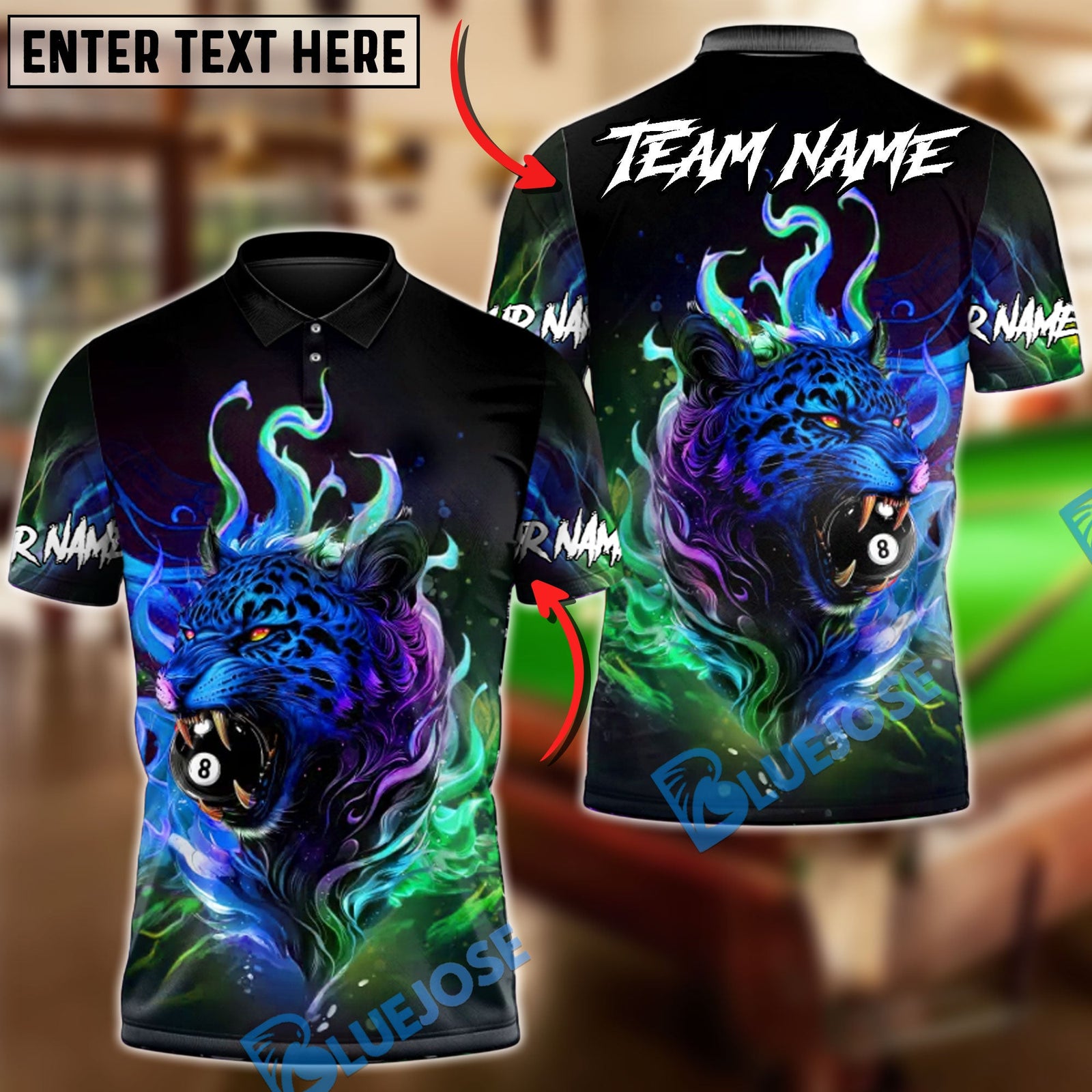 BlueJose Billiards Badass Neon Jaguar Biting 8-Ball Personalized Name Shirt (4 Colors)