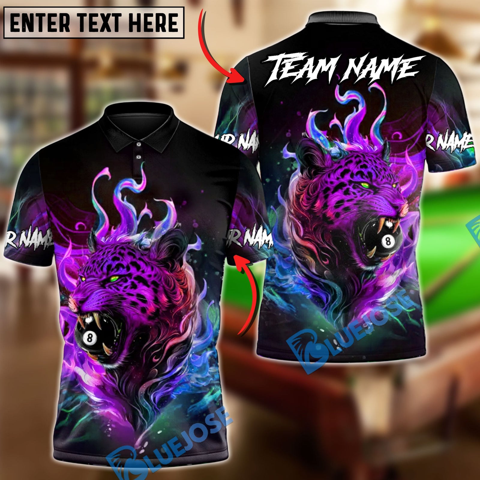 BlueJose Billiards Badass Neon Jaguar Biting 8-Ball Personalized Name Shirt (4 Colors)