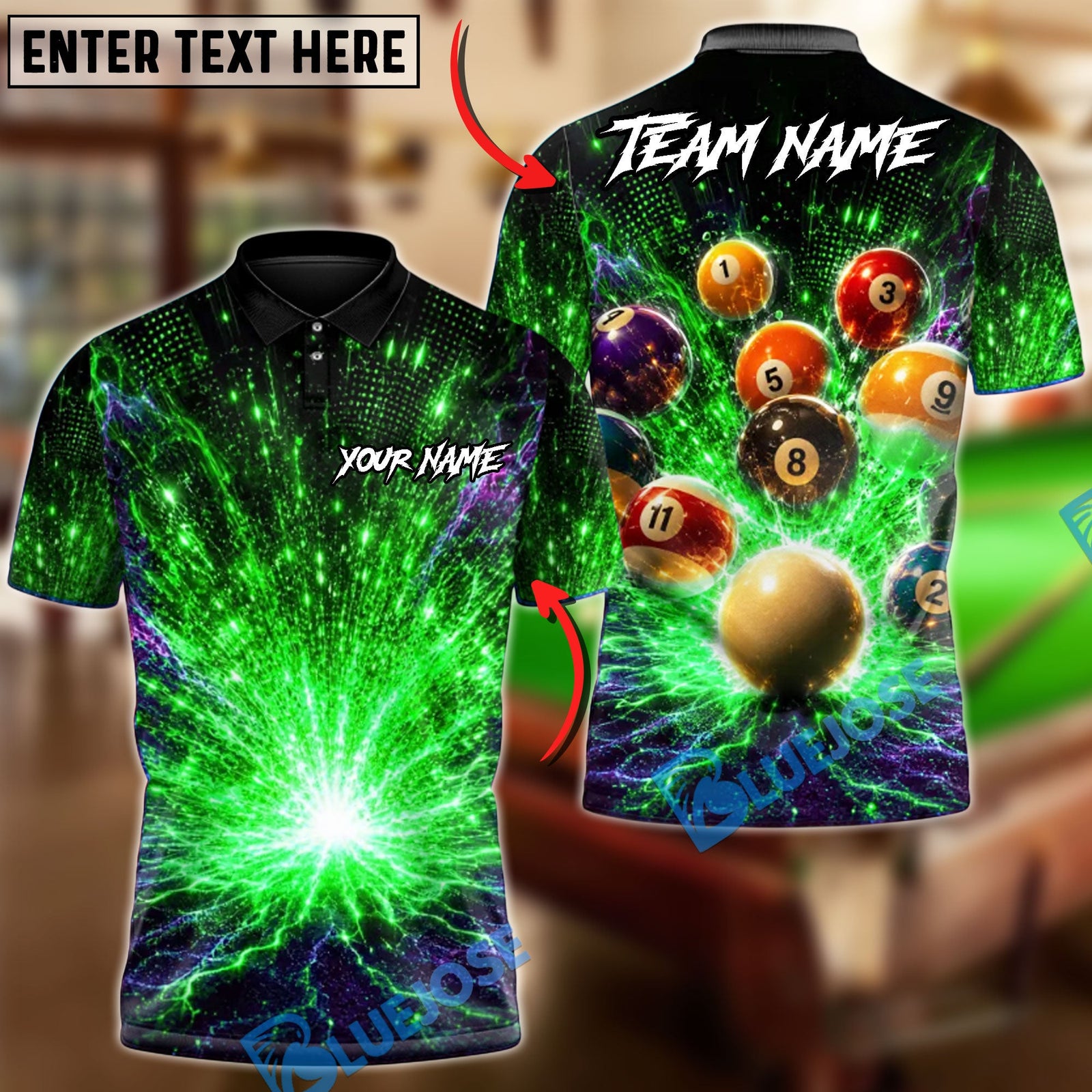 BlueJose Billiards 8 Ball Electric Shot Personalized Name Shirt (6 Colors)