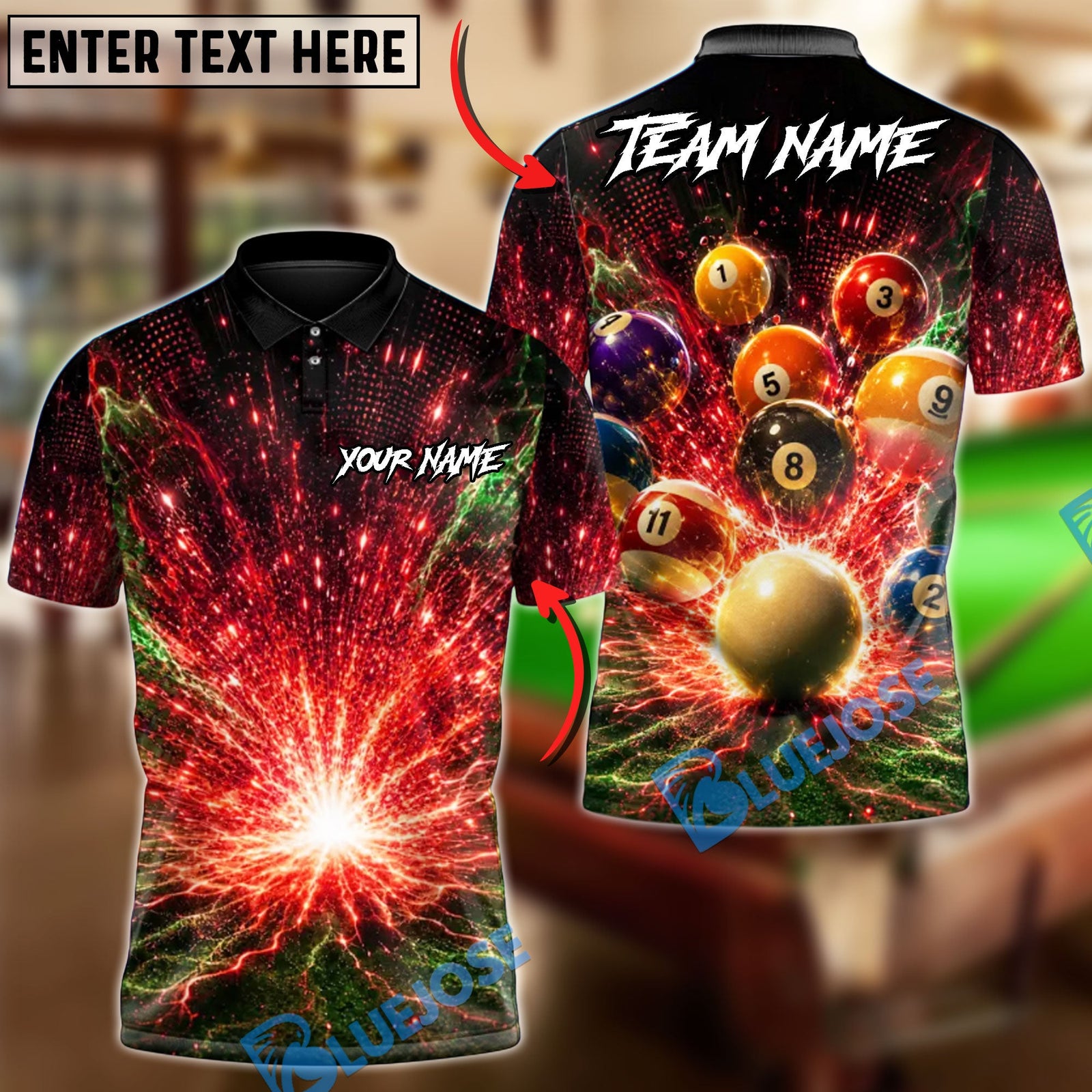 BlueJose Billiards 8 Ball Electric Shot Personalized Name Shirt (6 Colors)