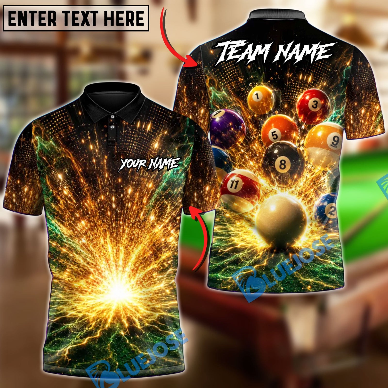 BlueJose Billiards 8 Ball Electric Shot Personalized Name Shirt (6 Colors)