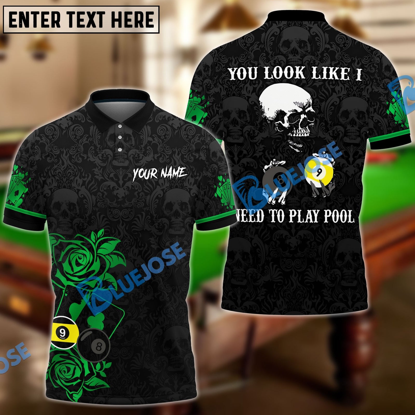 BlueJose Billiards Poker Skull Personalized Name Unisex Shirt (6 Colors)