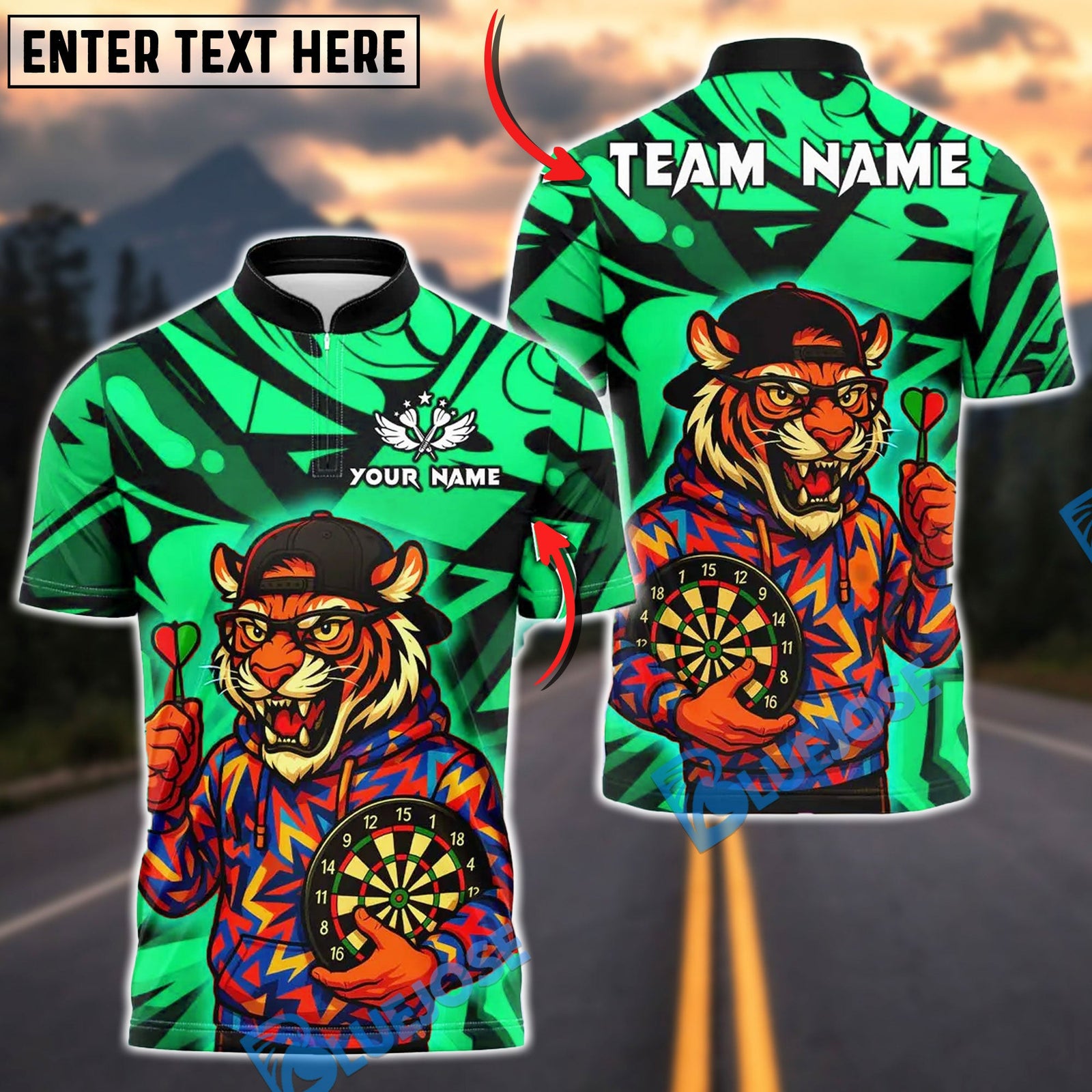 BlueJose Darts Streetwear Tiger with Dartboard Customized Name, Team Name 3D Shirt (4 Colors)