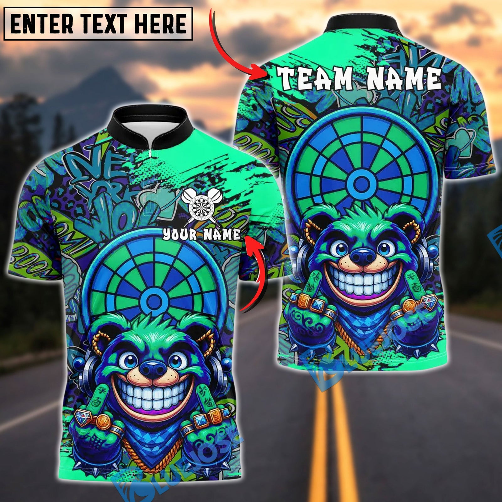 BlueJose Darts Gangster Bear Design Customized Name, Team Name 3D Shirt (4 Colors)