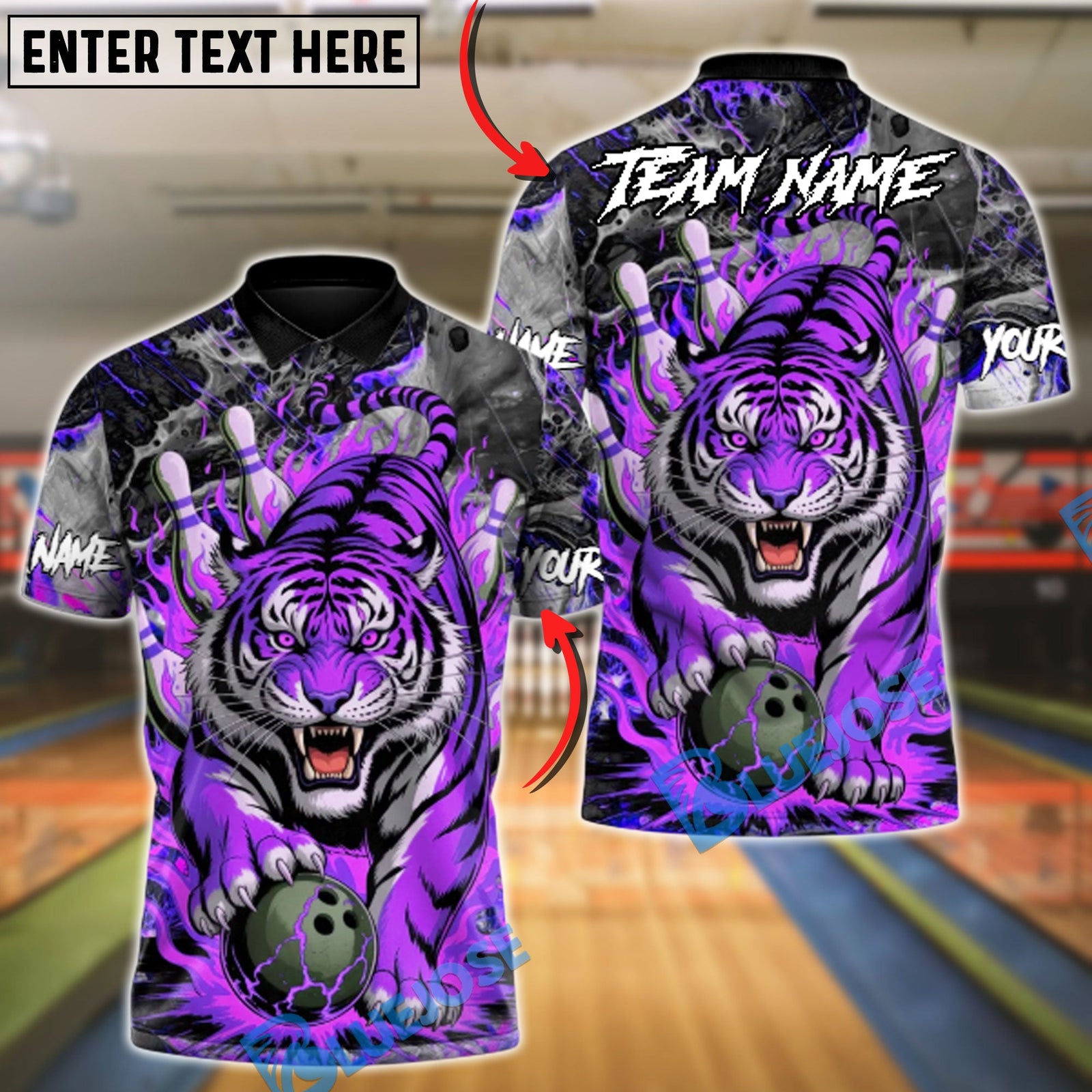 BlueJose Bowling And Pins Blaze Tiger Customized Name, Team Name 3D Shirt (6 Colors)