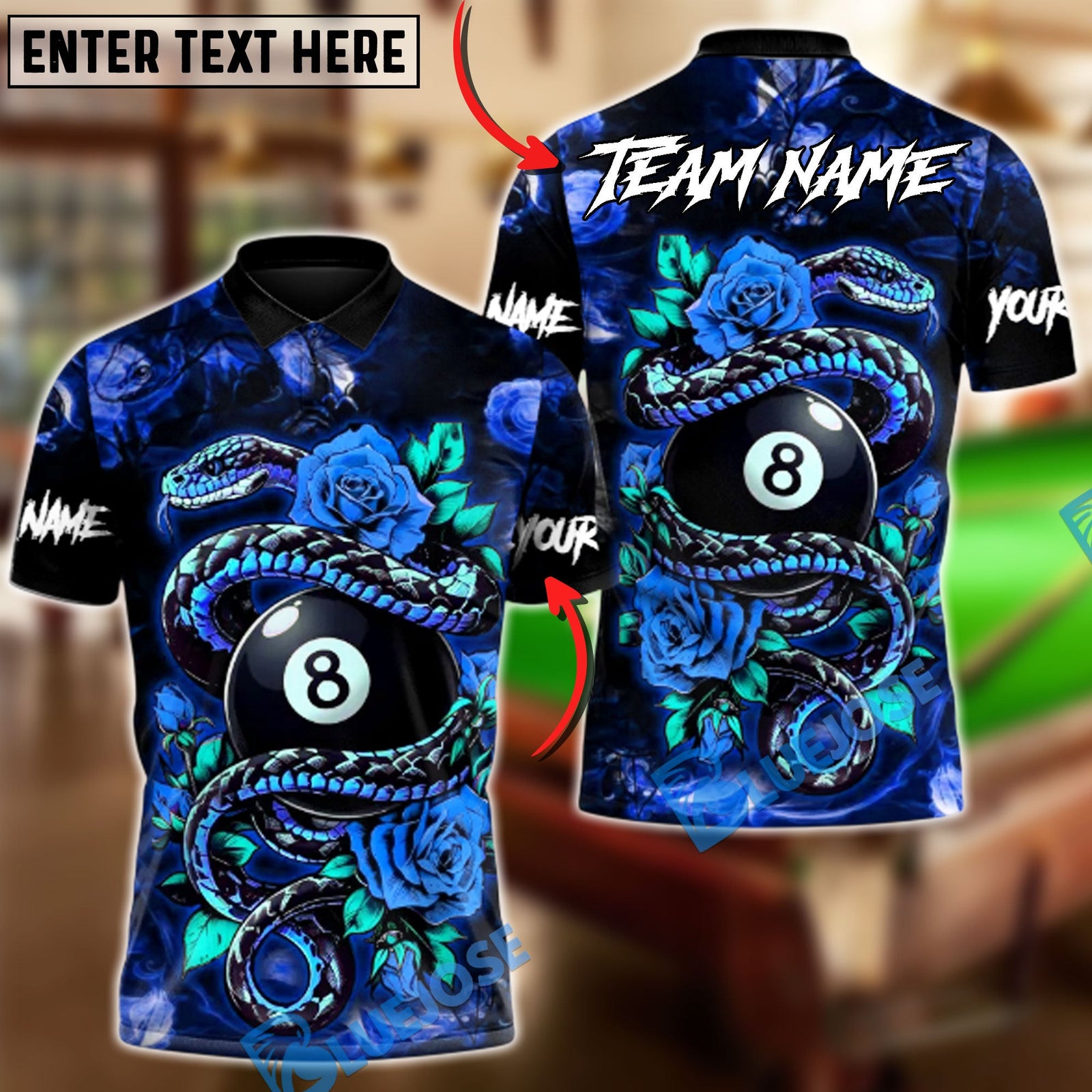BlueJose Billiards 8-Ball Rose Crimson Serpent Customized Name, Team Name 3D Shirt (4 Colors)
