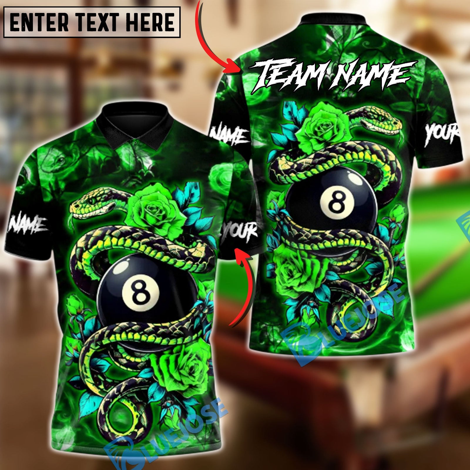 BlueJose Billiards 8-Ball Rose Crimson Serpent Customized Name, Team Name 3D Shirt (4 Colors)