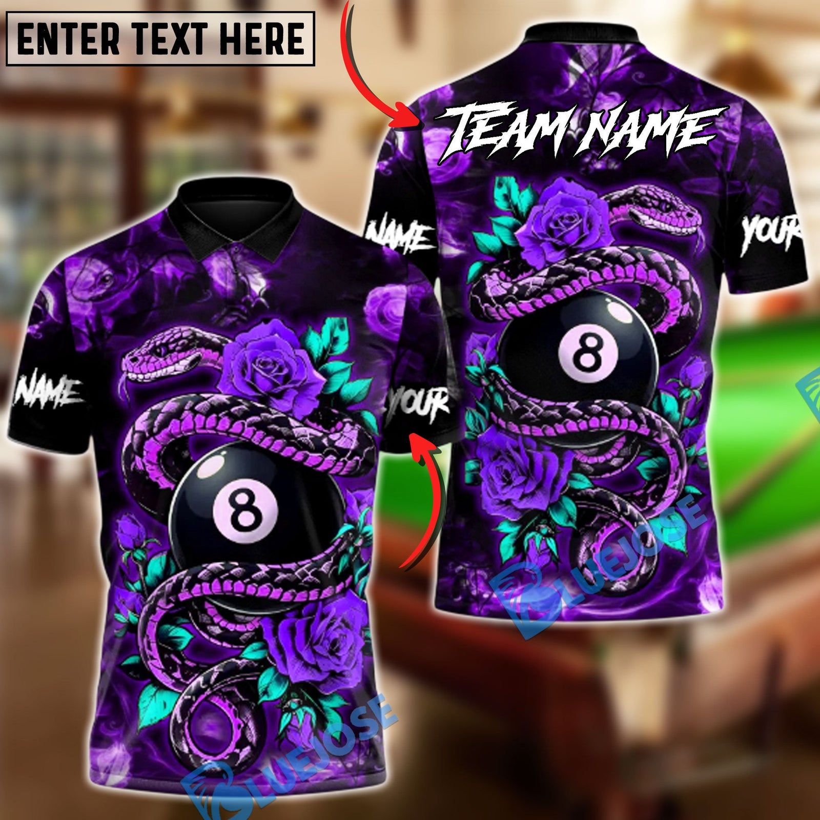 BlueJose Billiards 8-Ball Rose Crimson Serpent Customized Name, Team Name 3D Shirt (4 Colors)