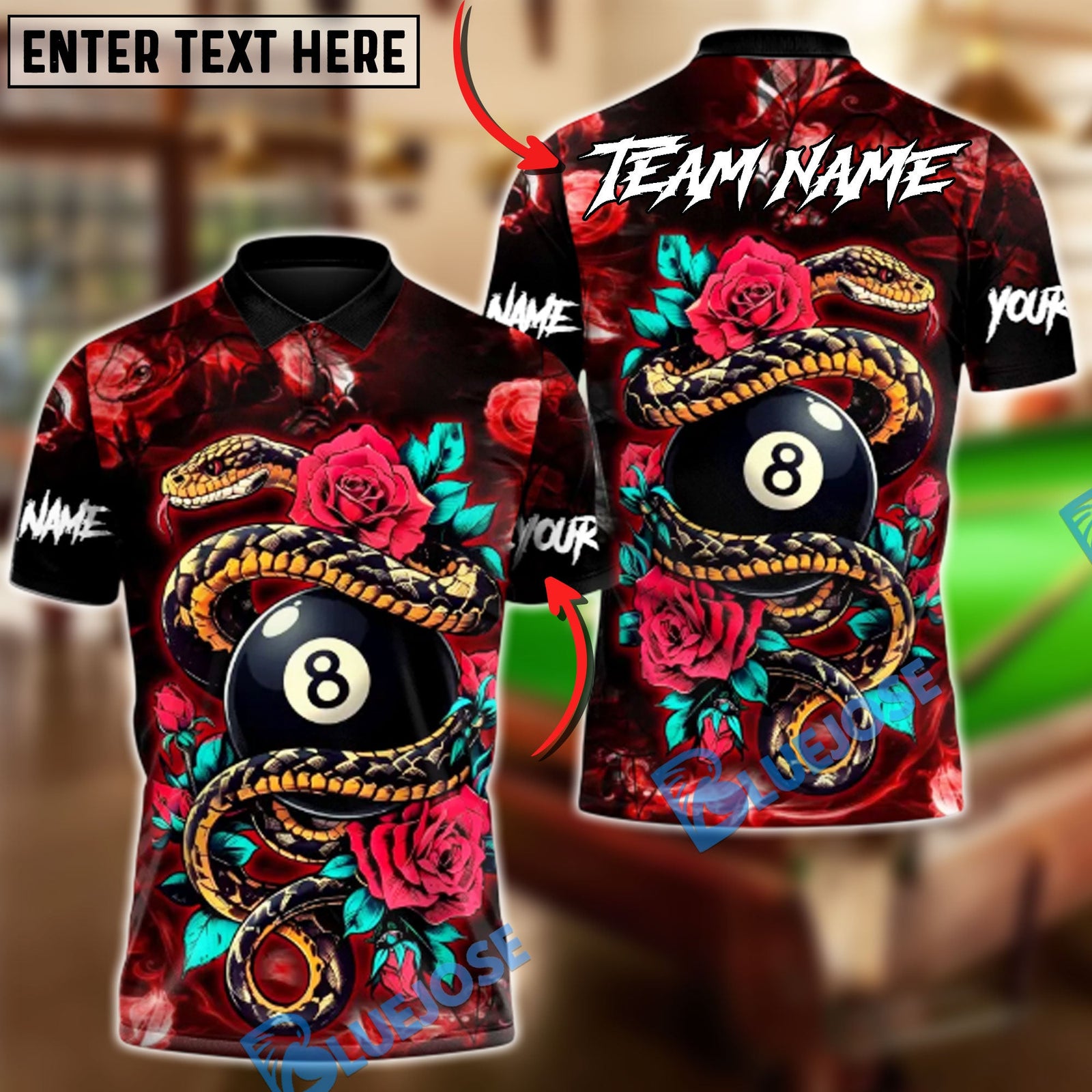 BlueJose Billiards 8-Ball Rose Crimson Serpent Customized Name, Team Name 3D Shirt (4 Colors)