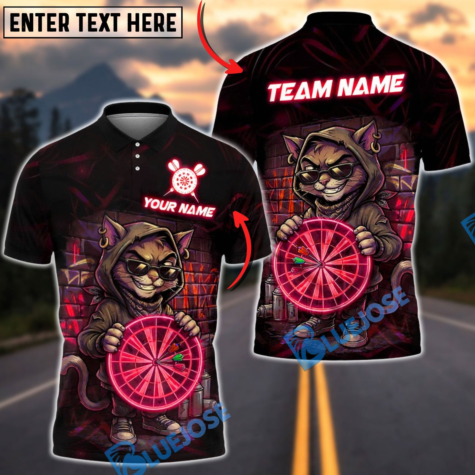 BlueJose Darts Cat Neon Street Art Multicolor Options Personalized Name Shirt (4 Colors)