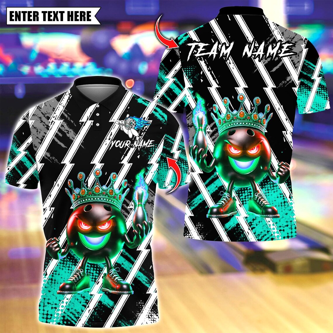 BlueJose Bowling And Pins King Bowling Lightning Black White Flame Crown Customized Name, Team Name 3D Shirt (4 Colors)