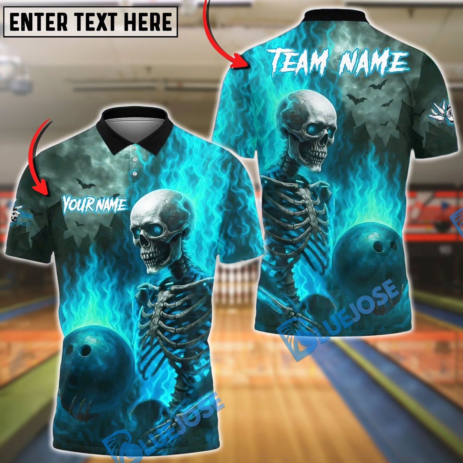 BlueJose Bowling And Pins Flames Bowling Skeleton Design Customized Name, Team Name 3D Shirt (4 Colors)
