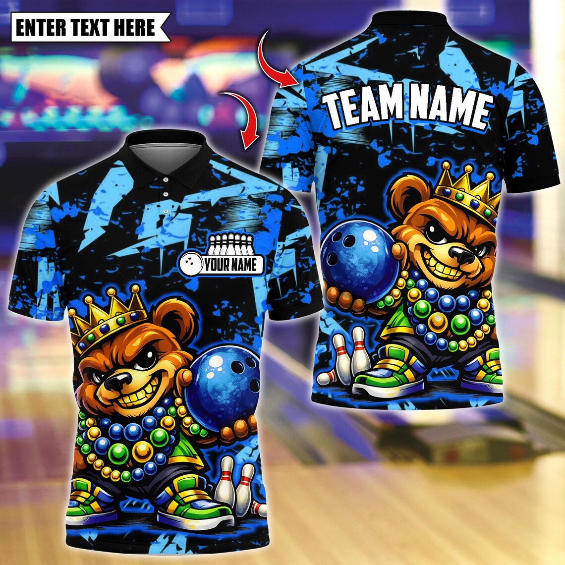 BlueJose Bowling And Pins King Mardi Gras Teddy Bear Customized Name, Team Name 3D Shirt (4 Colors)