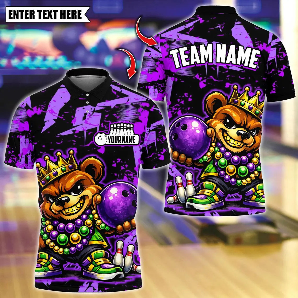 BlueJose Bowling And Pins King Mardi Gras Teddy Bear Customized Name, Team Name 3D Shirt (4 Colors)