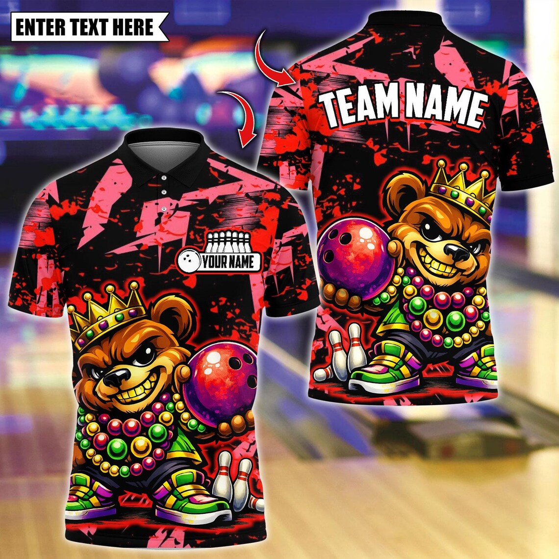BlueJose Bowling And Pins King Mardi Gras Teddy Bear Customized Name, Team Name 3D Shirt (4 Colors)