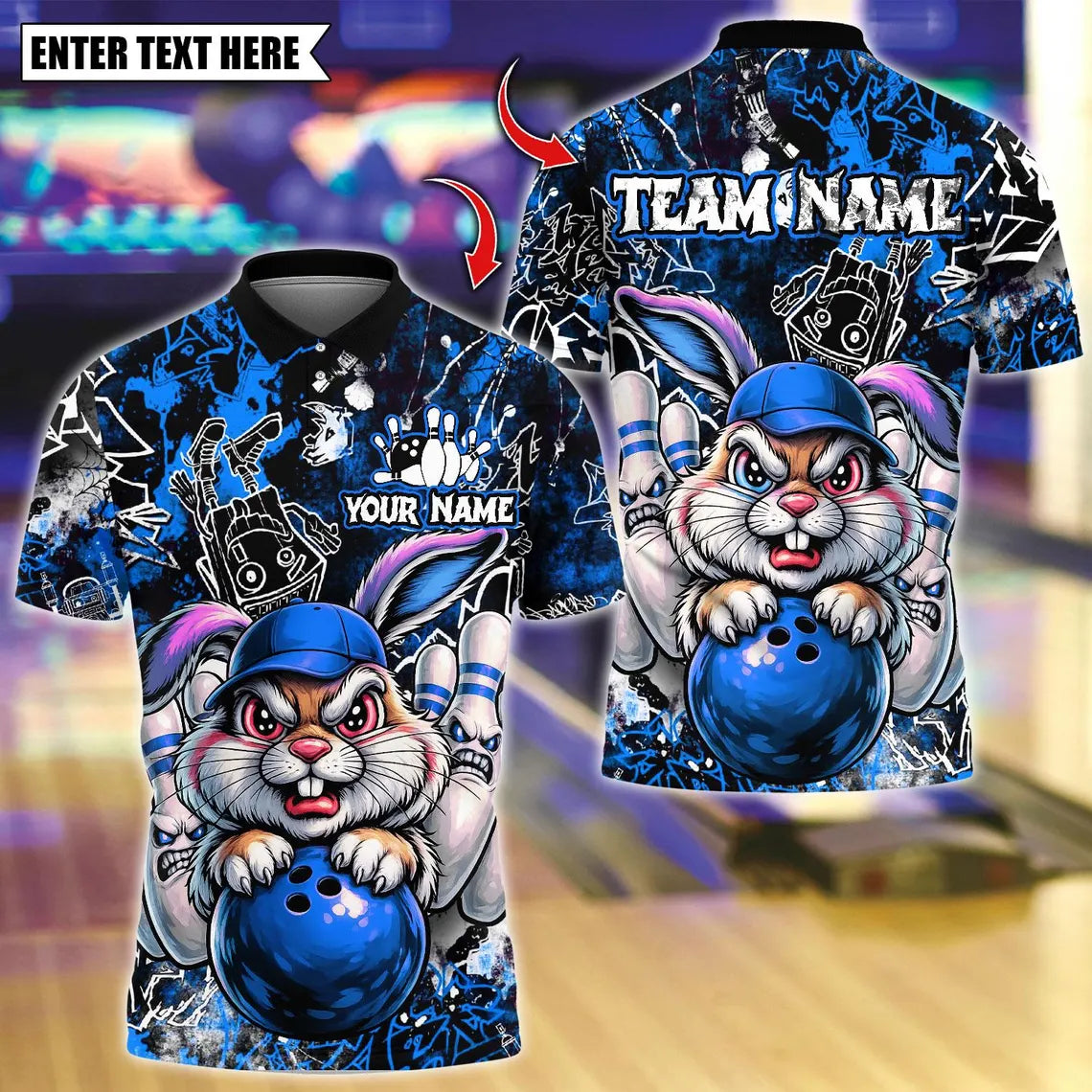 BlueJose Bowling And Pins Bunny With Angry Pins Design Customized Name, Team Name 3D Shirt (4 Colors)