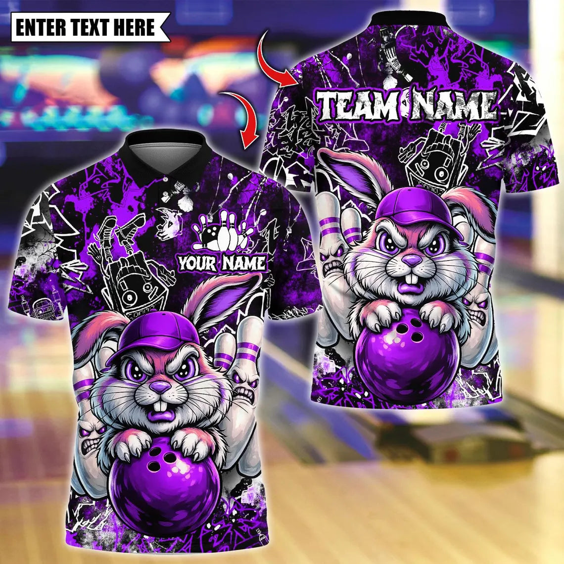 BlueJose Bowling And Pins Bunny With Angry Pins Design Customized Name, Team Name 3D Shirt (4 Colors)