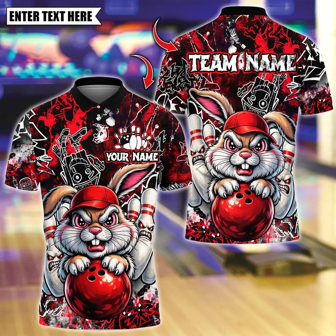 BlueJose Bowling And Pins Bunny With Angry Pins Design Customized Name, Team Name 3D Shirt (4 Colors)
