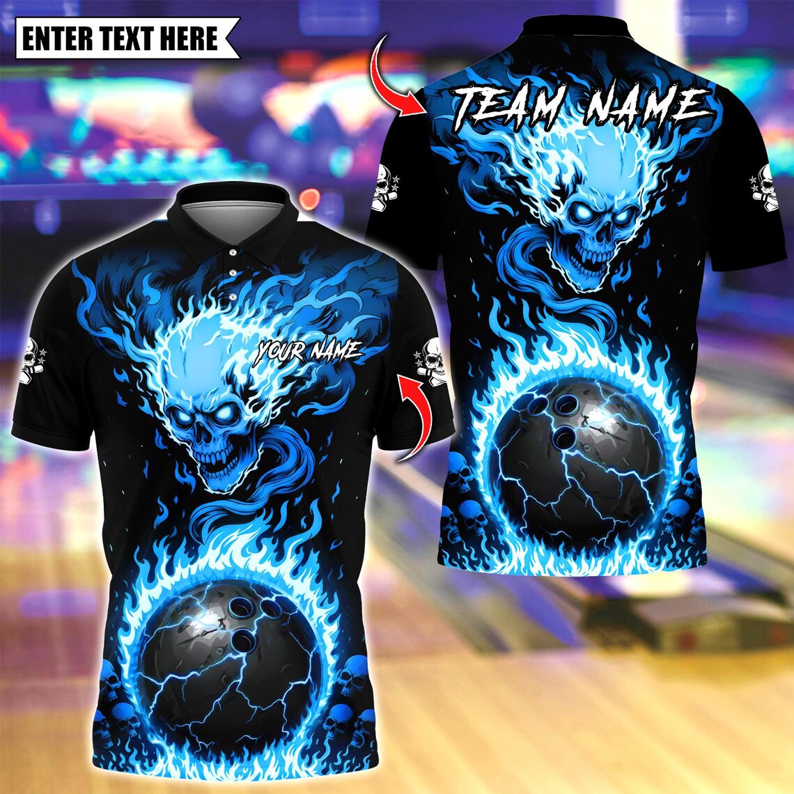 BlueJose Bowling And Pins Flaming Skull Up Ball Customized Name, Team Name 3D Shirt (4 Colors)