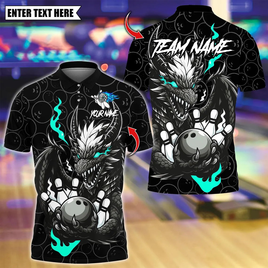 BlueJose Bowling And Pins Black Dragon Strike Power Customized Name, Team Name 3D Shirt (4 Colors)