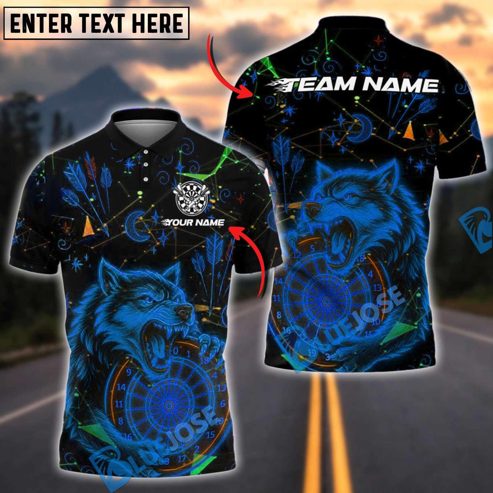 BlueJose Darts Neon Wolf Personalized Name, Team Name Shirt (4 Colors)