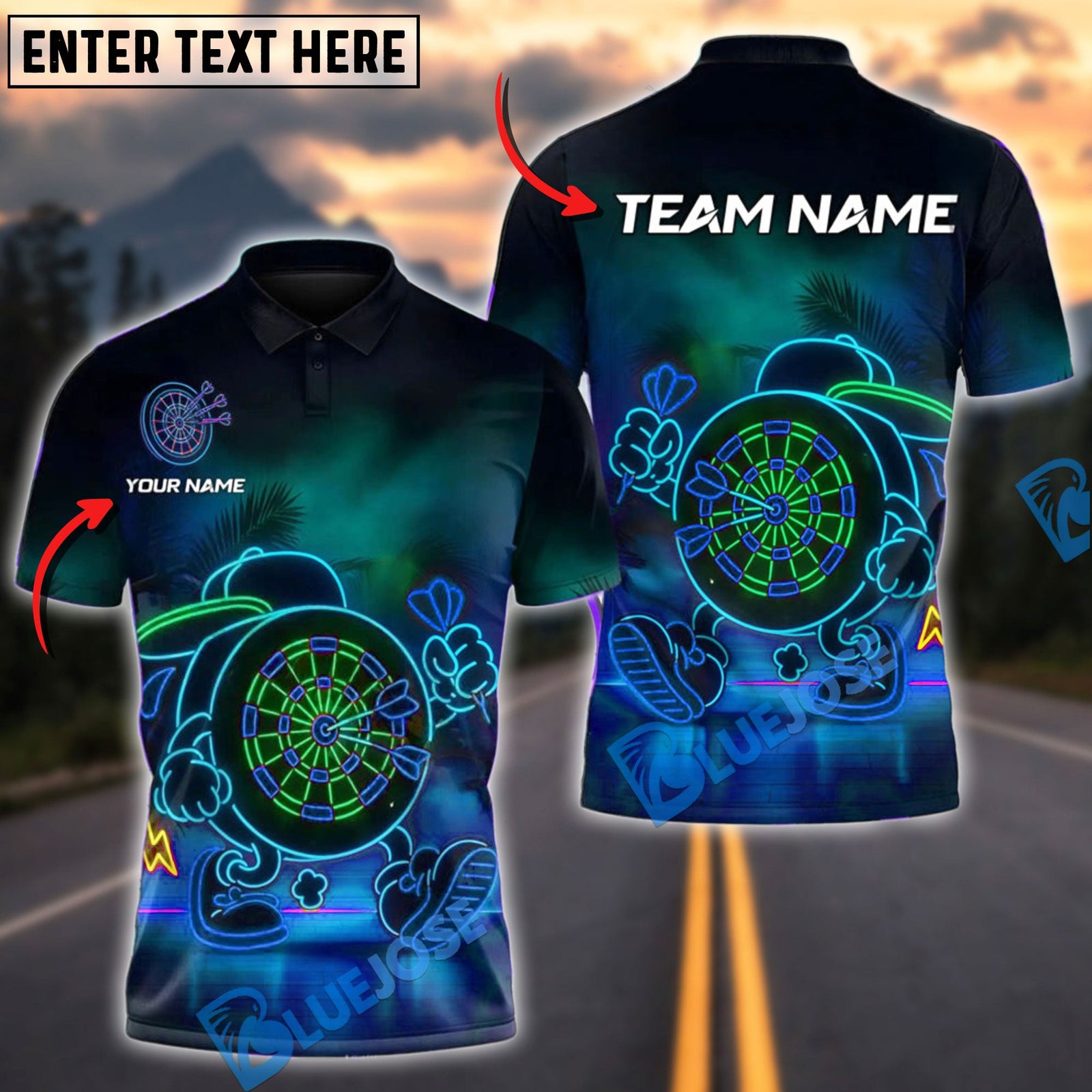 BlueJose Darts Neon Dartboard Mascot Personalized Name, Team Name Shirt (4 Colors)
