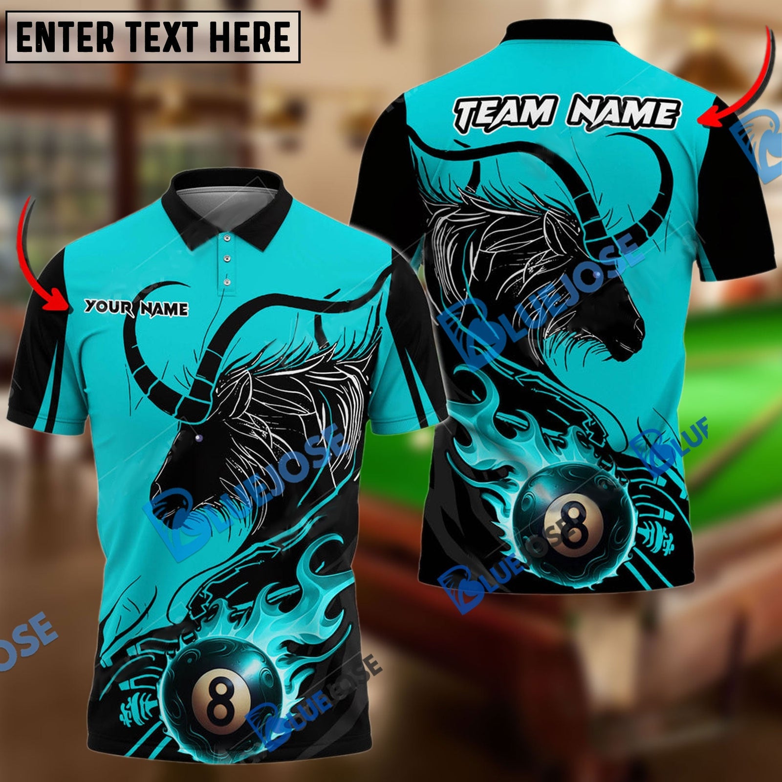 BlueJose Billiards Ball 8 Fire Aries Personalized Name, Team Name Unisex Shirt (6 Colors)
