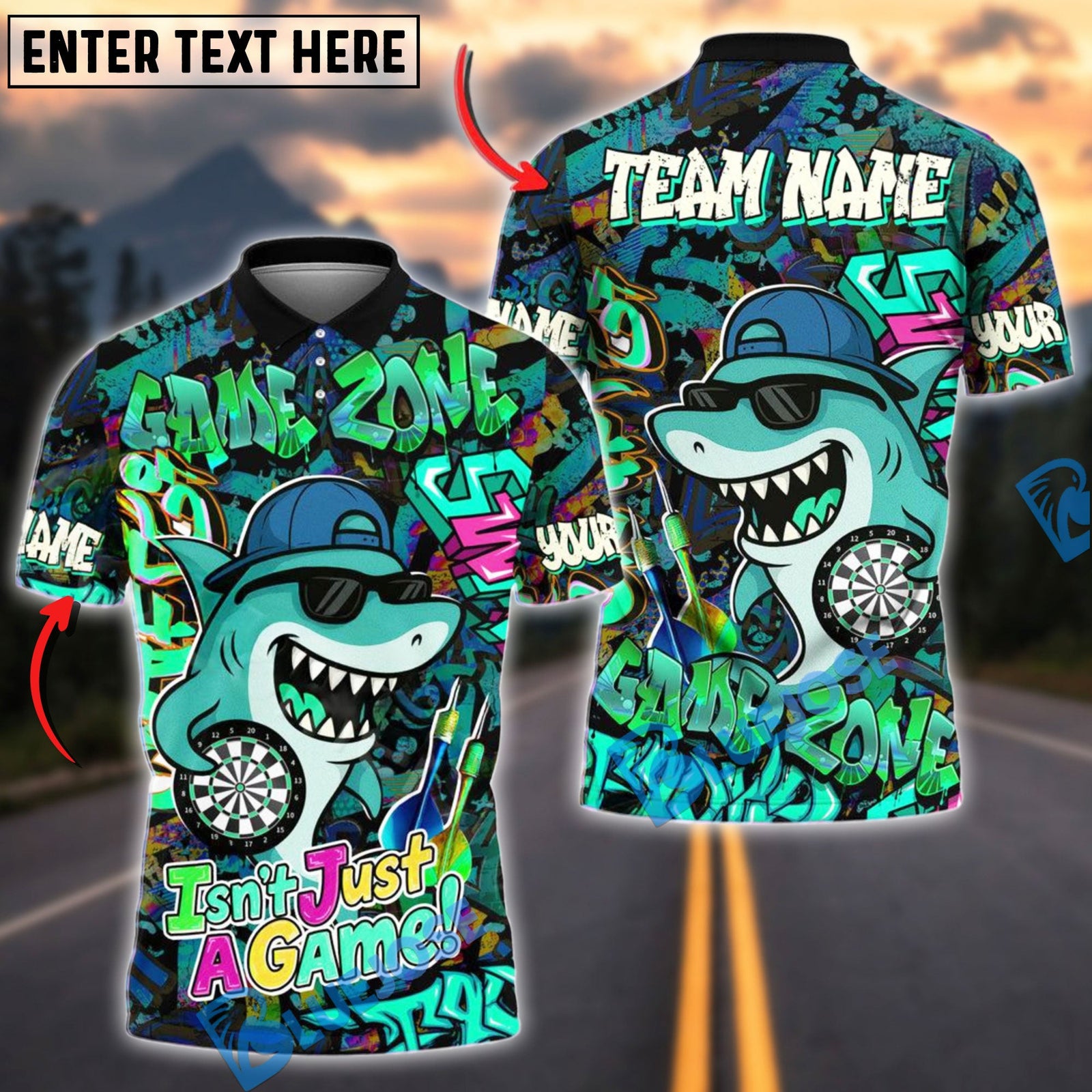 BlueJose Darts Cool Shark Graffiti Style Multicolor Options Personalized Name Shirt (4 Colors)