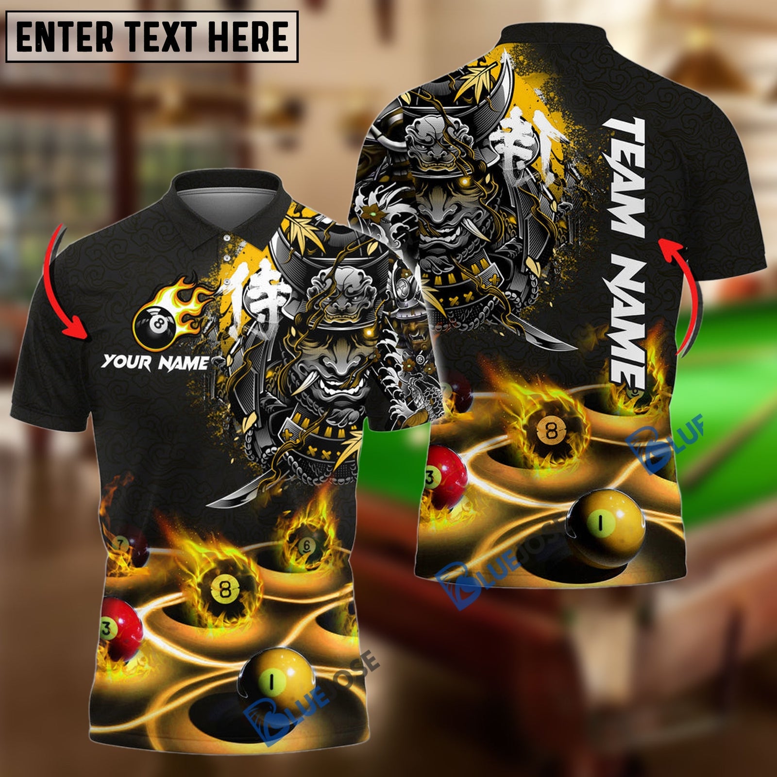 BlueJose Billiards Flame Samurai Personalized Name, Team Name Shirt (6 Colors)