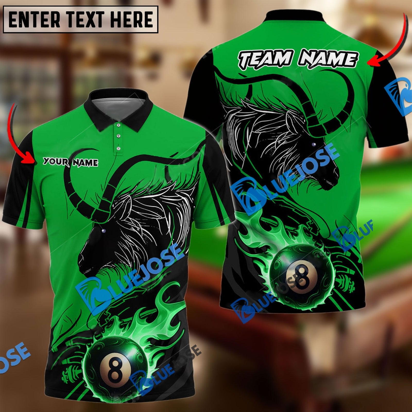 BlueJose Billiards Ball 8 Fire Aries Personalized Name, Team Name Unisex Shirt (6 Colors)