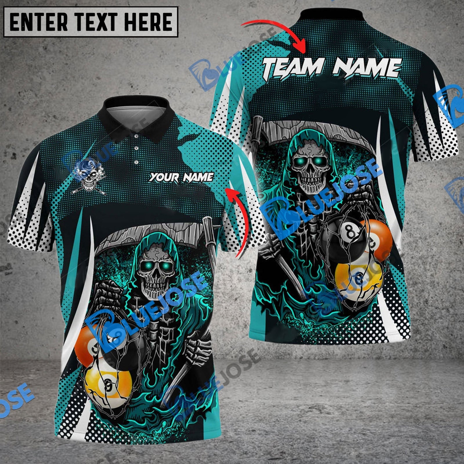 BlueJose Billiards 8 Ball & 9 Ball Death Bringer Reaper Personalized Name, Team Name Unisex Shirt (6 Colors)
