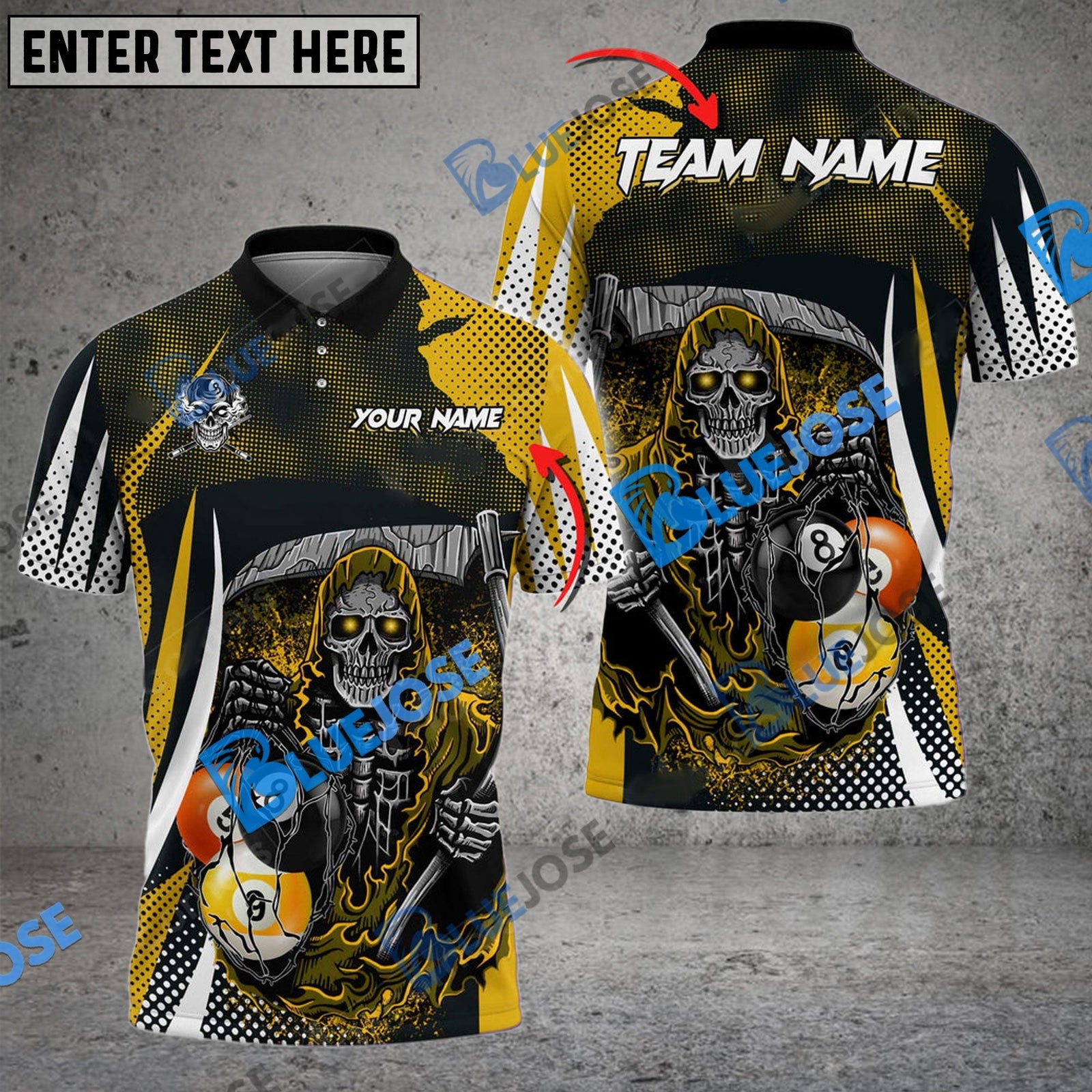 BlueJose Billiards 8 Ball & 9 Ball Death Bringer Reaper Personalized Name, Team Name Unisex Shirt (6 Colors)