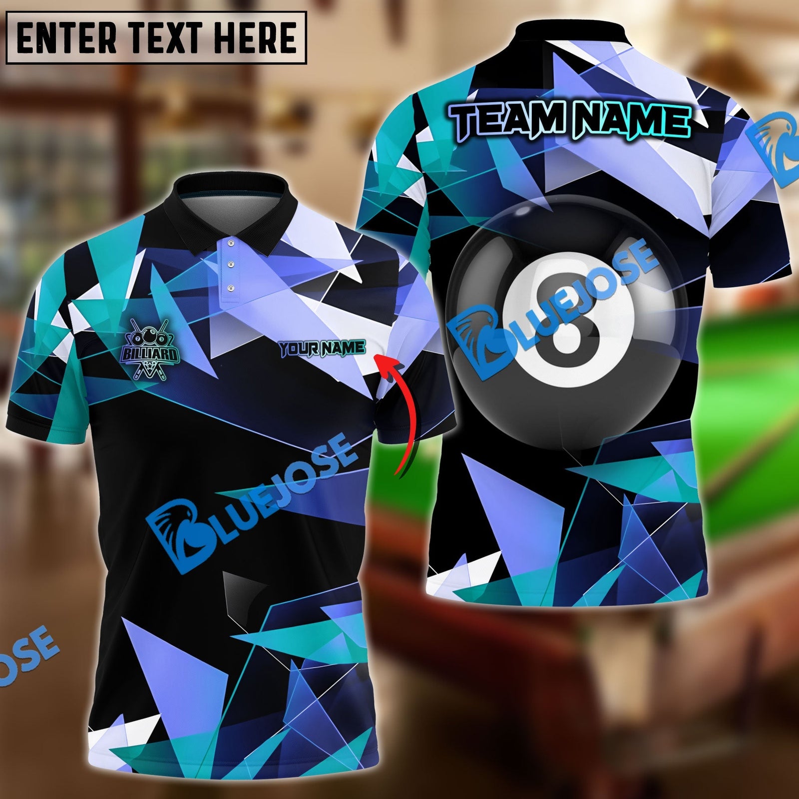 BlueJose Billiards Ball 8 Colorful Glass Personalized Name, Team Name Shirt (4 Colors)