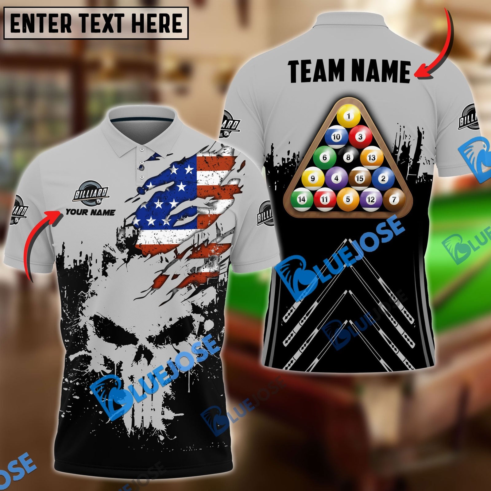 BlueJose Billiards Ball 8 Punished Skull Personalized Name, Team Name Shirt (6 Colors)